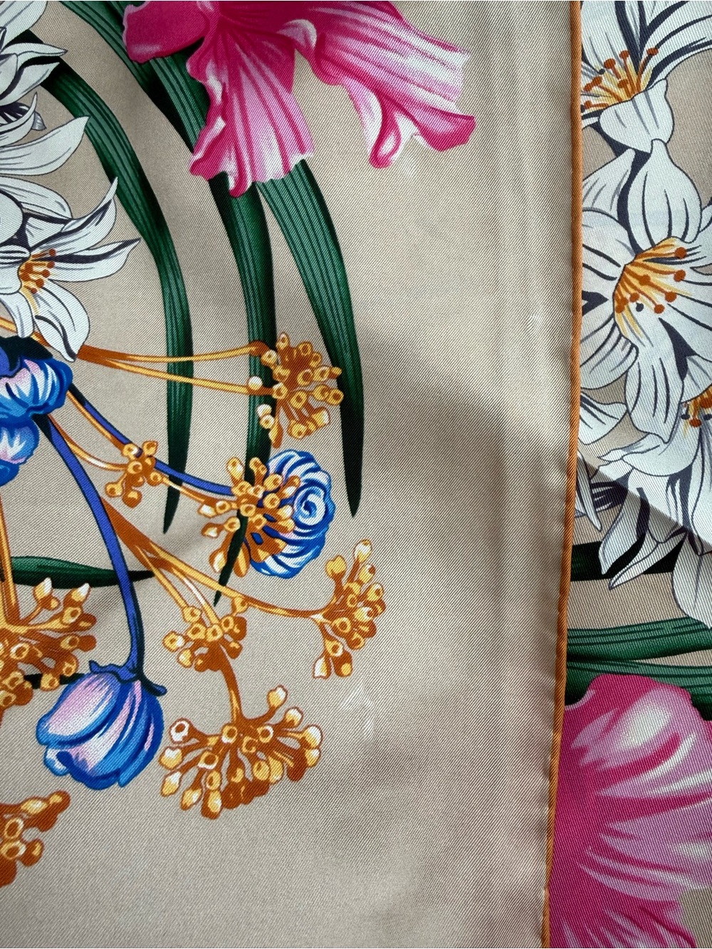 Display #4 Salvatore Ferragamo Pink Floral Silk Scarf with Gold Accents - Picture 12 of 12